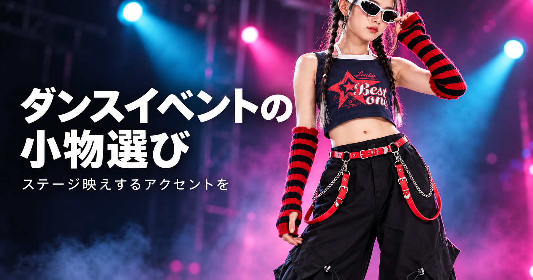 イベントのステージ照明を背景に赤いチェーンベルトを着用したモデル。ダンスイベントの小物選び