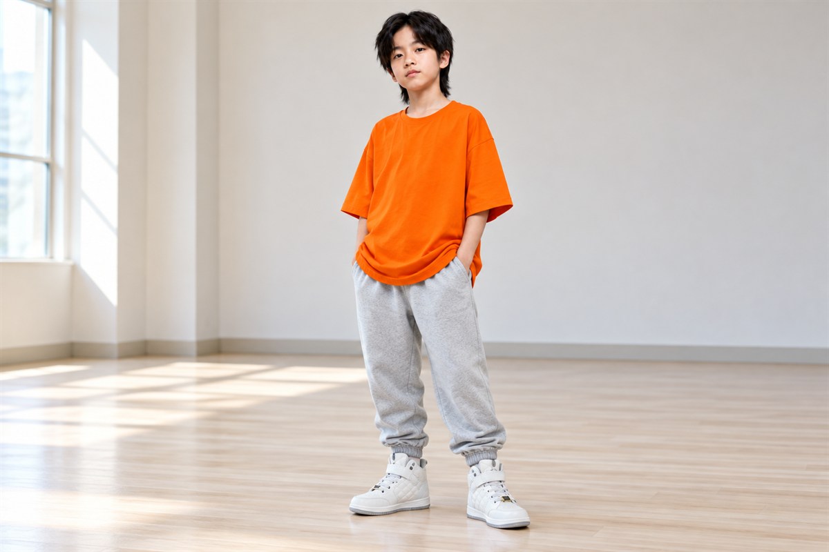 オレンジのゆったりしたTシャツ、グレーのスウェットパンツ、白のハイカットシューズを合わせた全身コーデ