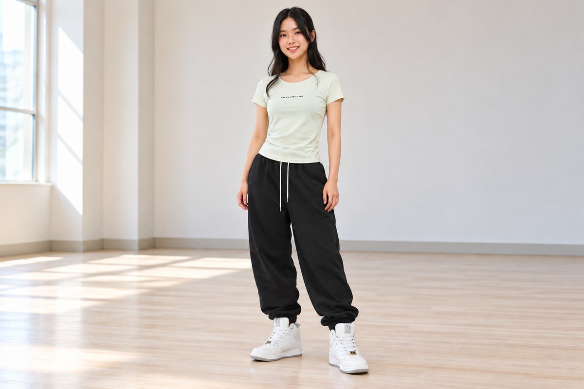淡いグリーンのTシャツ、黒のゆったりしたパンツ、白のシューズを合わせた女性の全身コーデイメージ