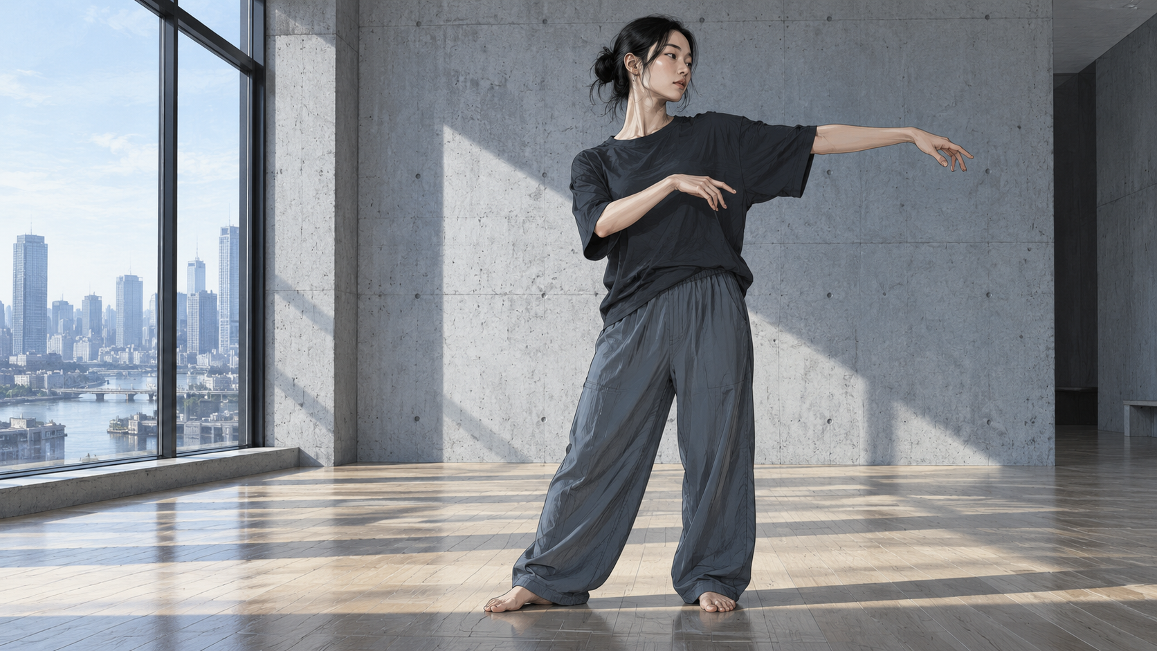 明るい自宅のリビングで、両足を床につけたままダンスを練習する女性